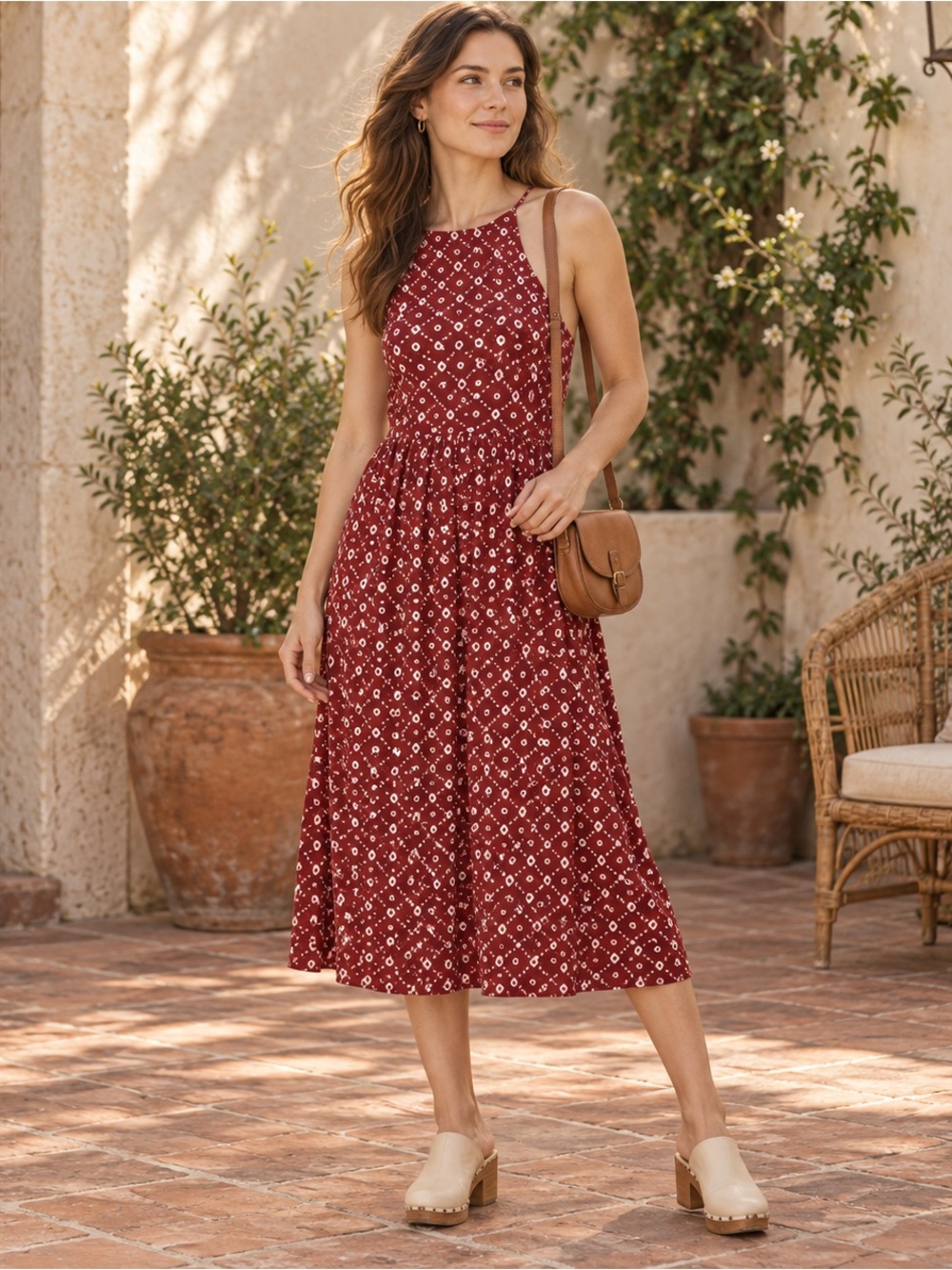 LOFT XS Red Geometric Print Halter Midi Dress Keyhole Tie Boho